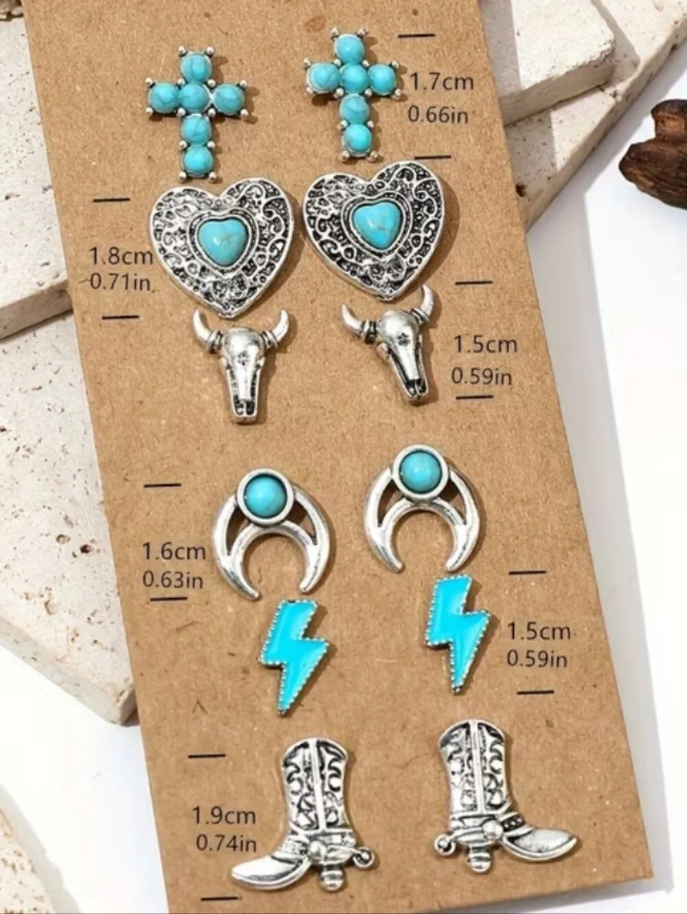 NWT Western Turquoise Silver Plate Stud Earring Set - 6 Pairs Boho Cowgirl Mix
